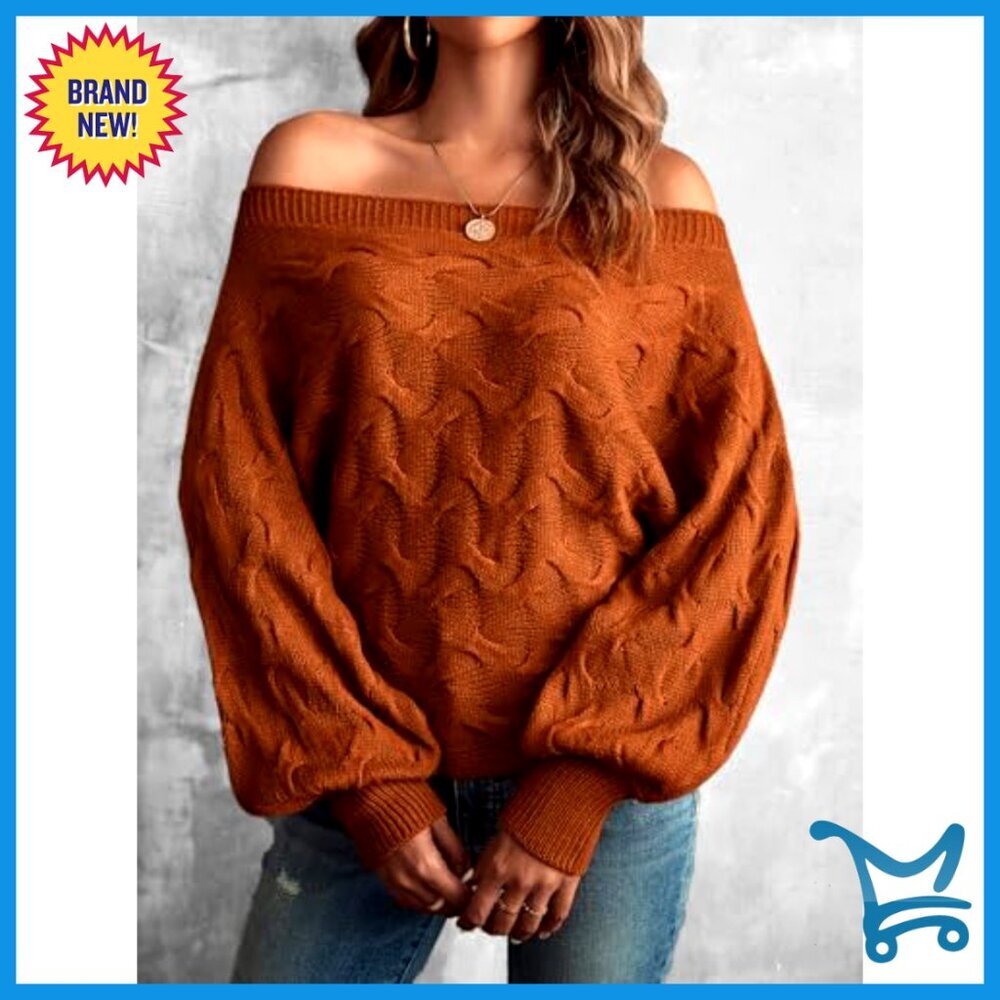 Off Shoulder Knit Sweater Long Sleeve Pullover Y2K Chic Vintage Brunch Outfit - Picture 3 of 6